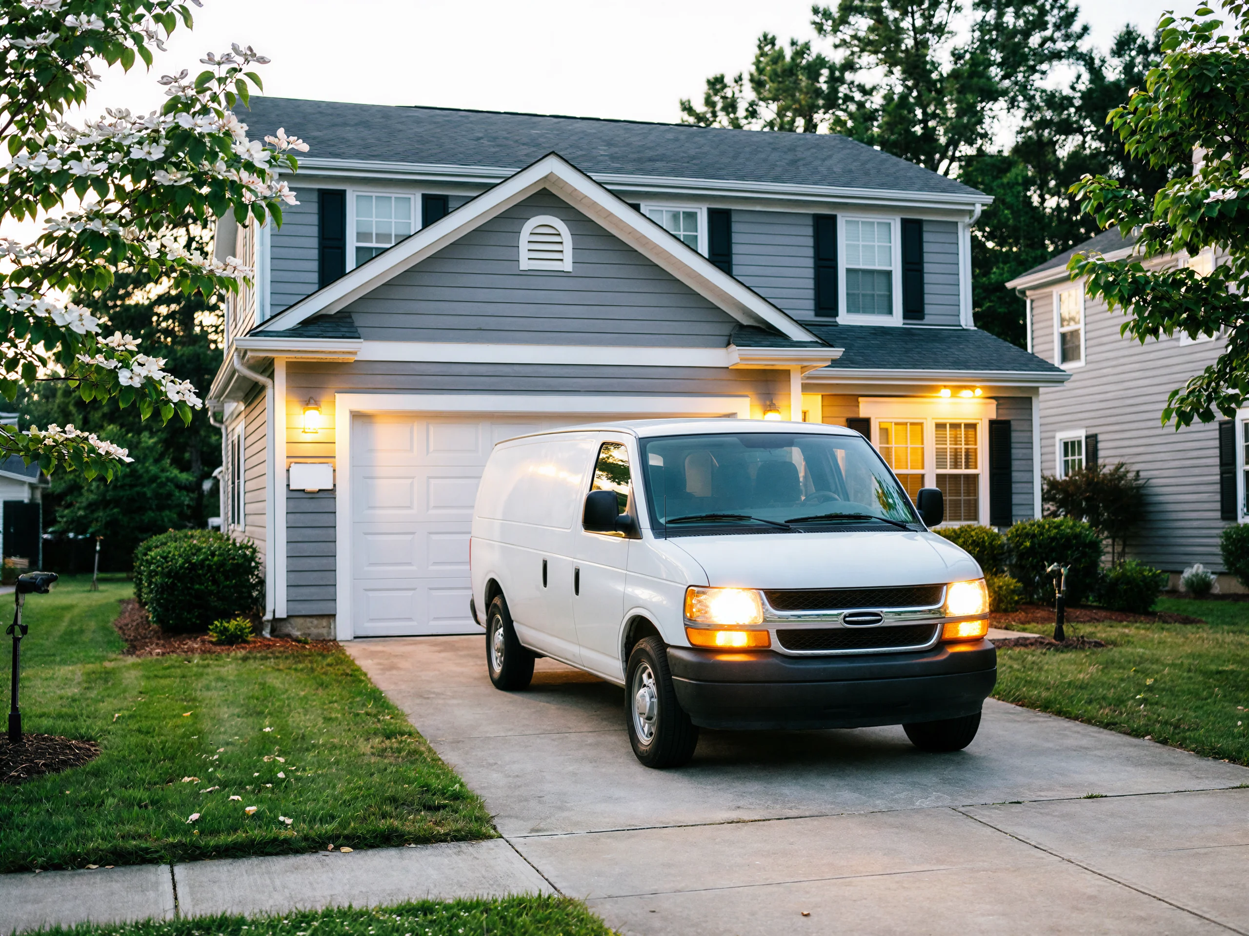 A white service van is parked in a driveway in front of a house.
