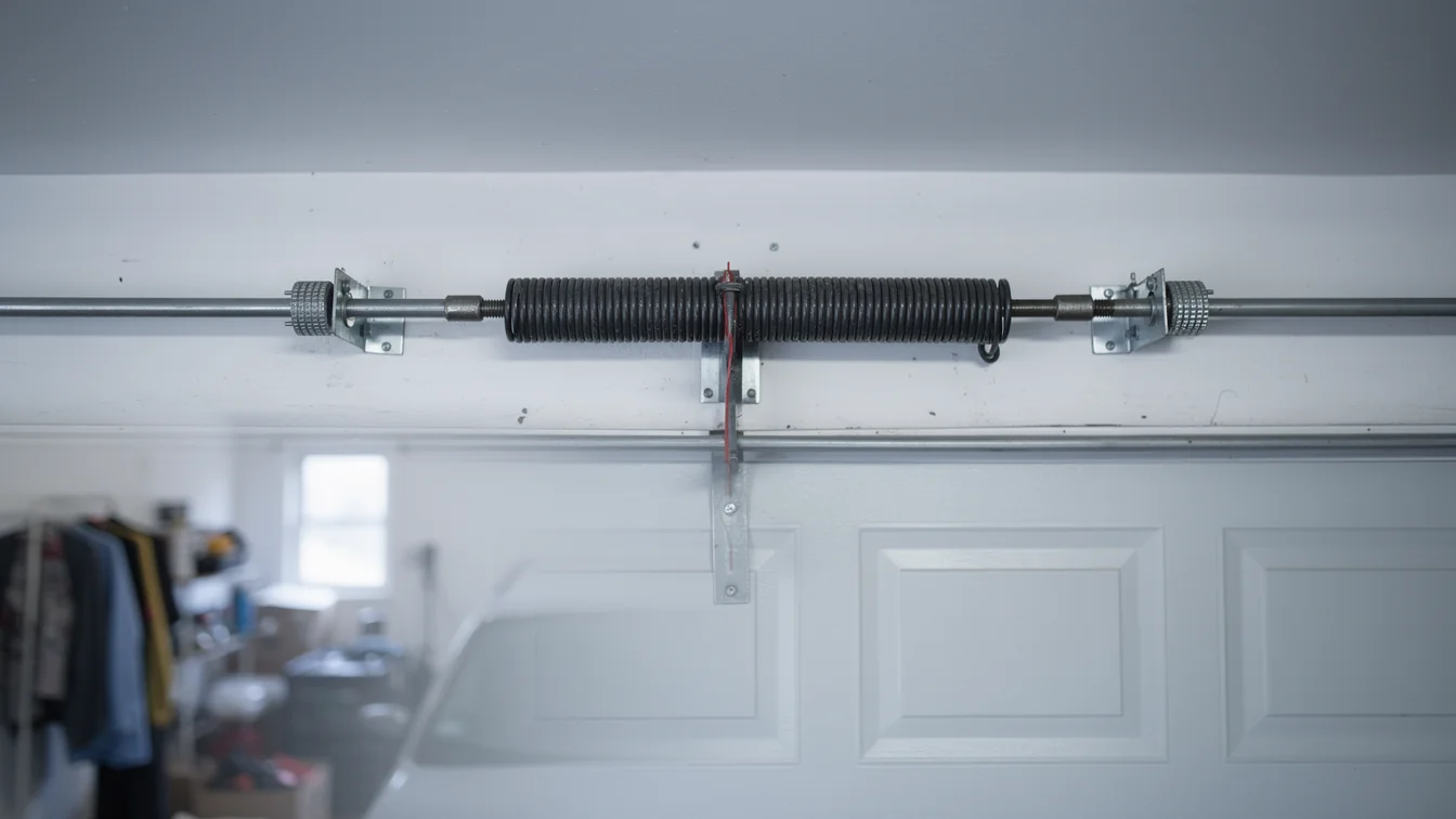 A torsion spring is mounted above a white garage door.