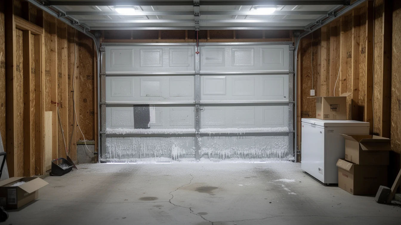 A white garage door is covered in ice and icicles inside a garage.
