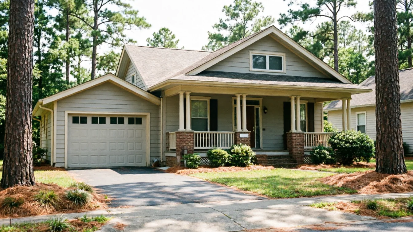 A light gray house has a single garage door with windows and a front porch.